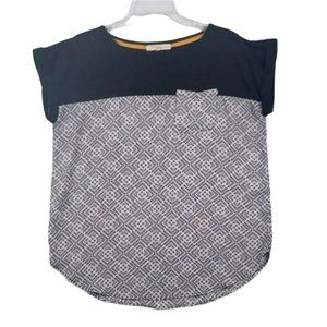 Rewind Color Block Black & White Geometric Pattern Short Sleeve Blouse Size XL